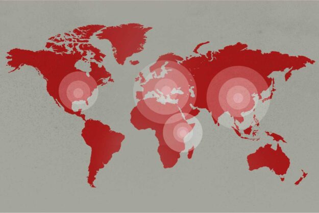 Force majeure global disruption illustrated by world map with geopolitical risk zones